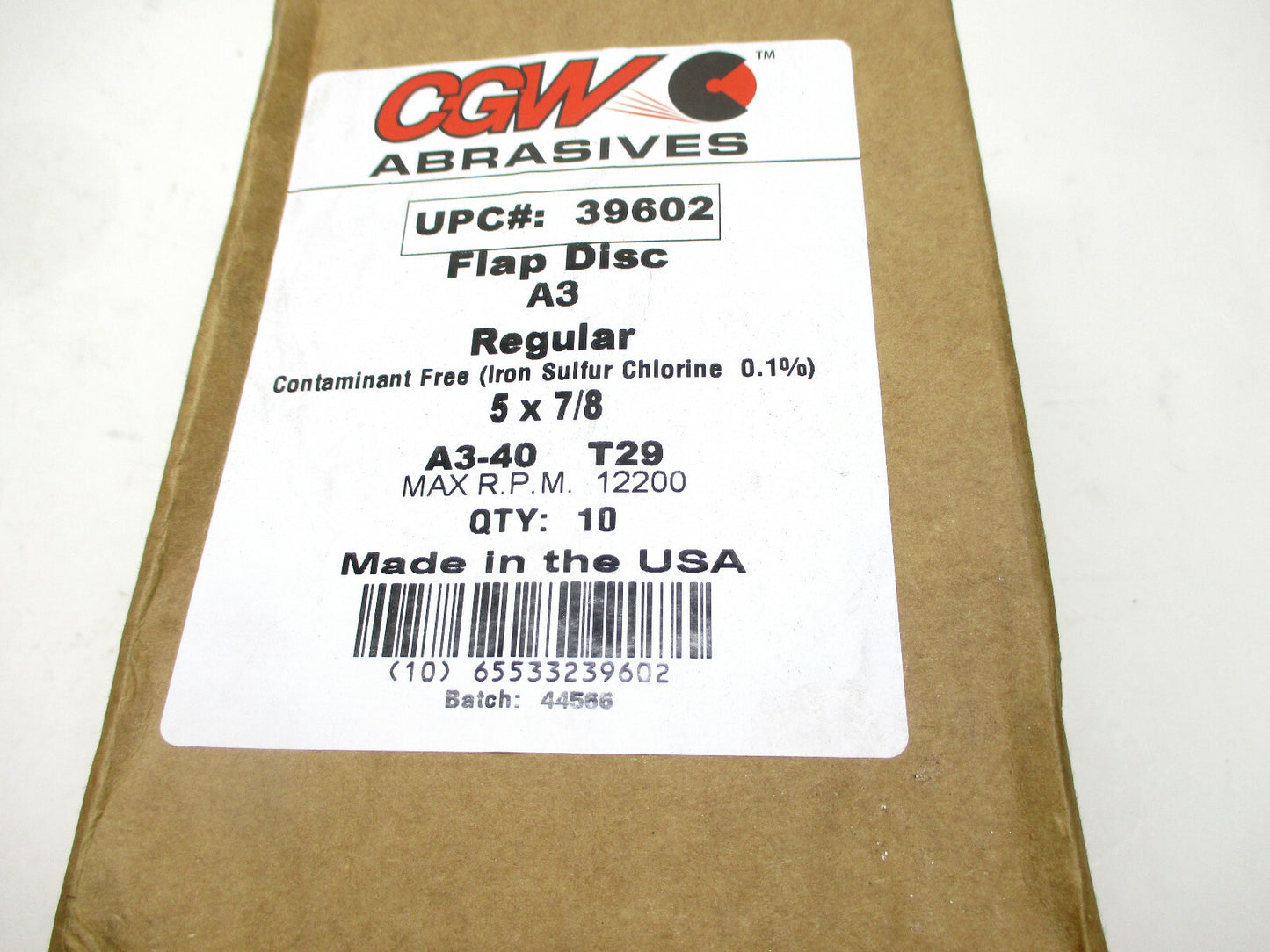 BOX OF 10 CGW 39602 5" x 7/8 Aluminum Oxide 40 Grit A3 Type 29 Flap Discs USA
