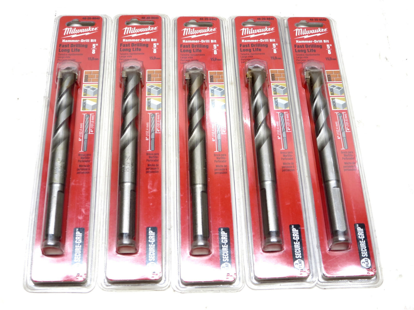 LOT OF 5 Milwaukee 48-20-8840 5/8 x 6 Hammer Drill Bits Made in Germany