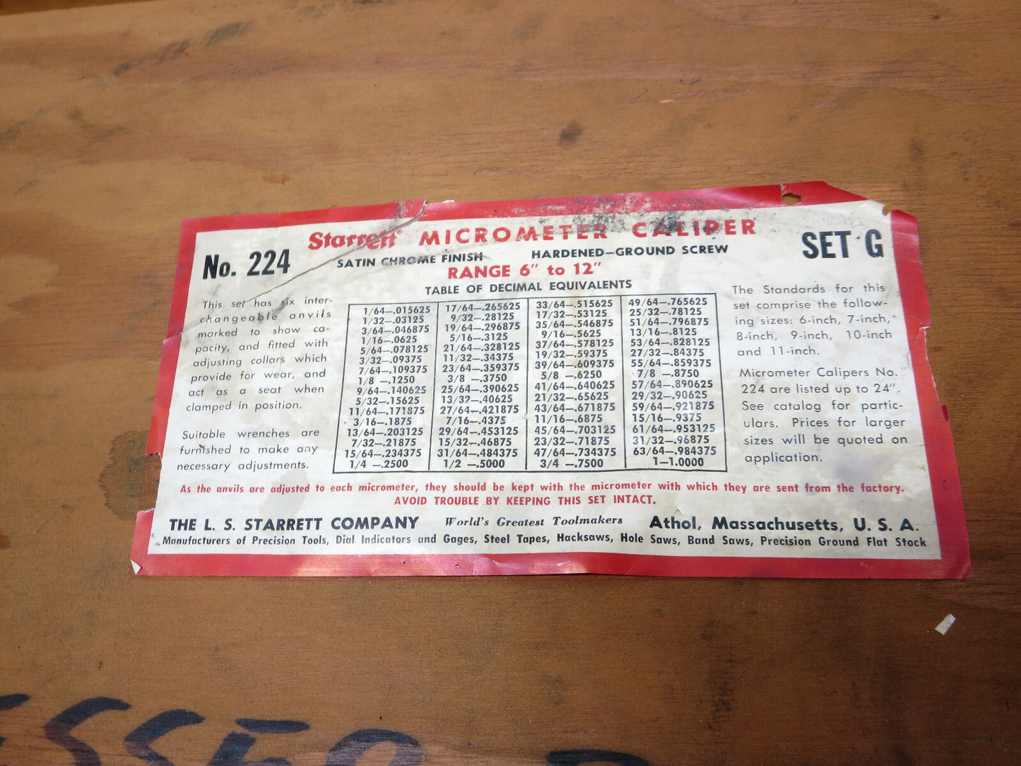 Starrett No. 224 Outside Micrometer 6 - 12 in. SET G