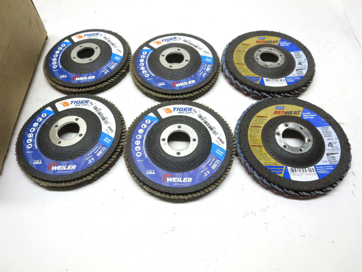 4 EA Weiler 50805 80 Grit and 2 EA Norton Red Heat 36 Grit 4-1/2" Flap Discs