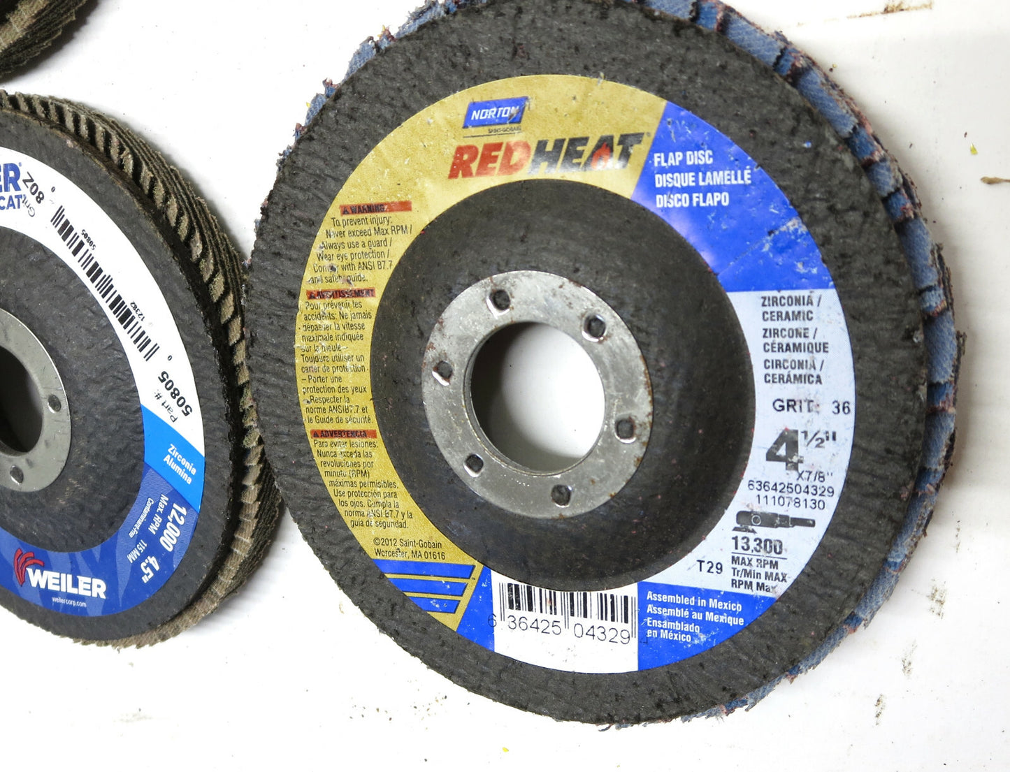 4 EA Weiler 50805 80 Grit and 2 EA Norton Red Heat 36 Grit 4-1/2" Flap Discs