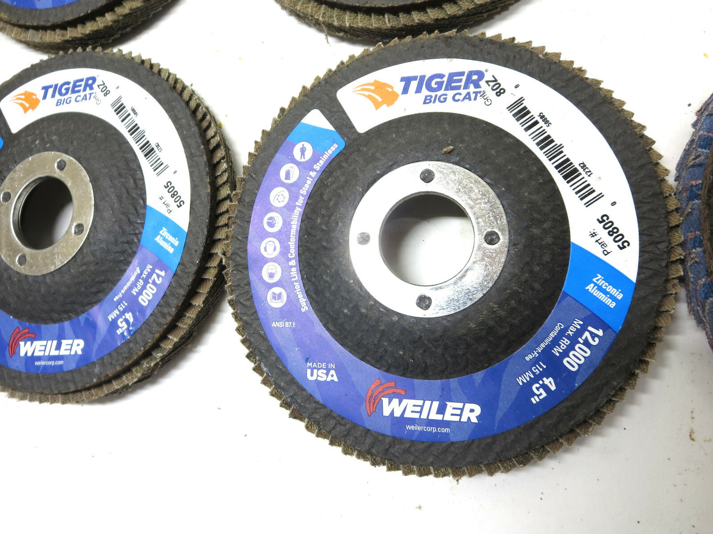 4 EA Weiler 50805 80 Grit and 2 EA Norton Red Heat 36 Grit 4-1/2" Flap Discs