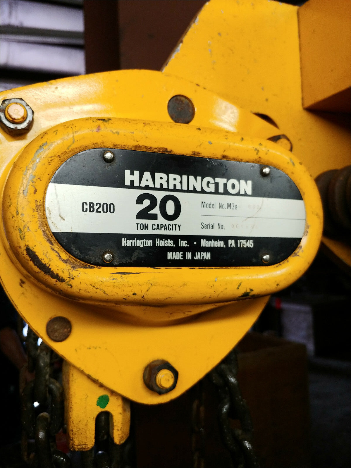 1 ea. Harrington CB200-20 20-Ton Chain Hoist with 20' Lift W/ Load Cert