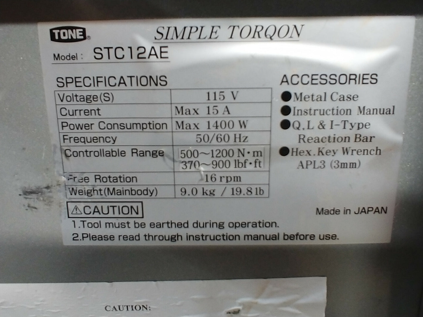 TONE STC12AE Adjustable Torque Control Wrench Simple Torqon 1" Dr. Torque Tested
