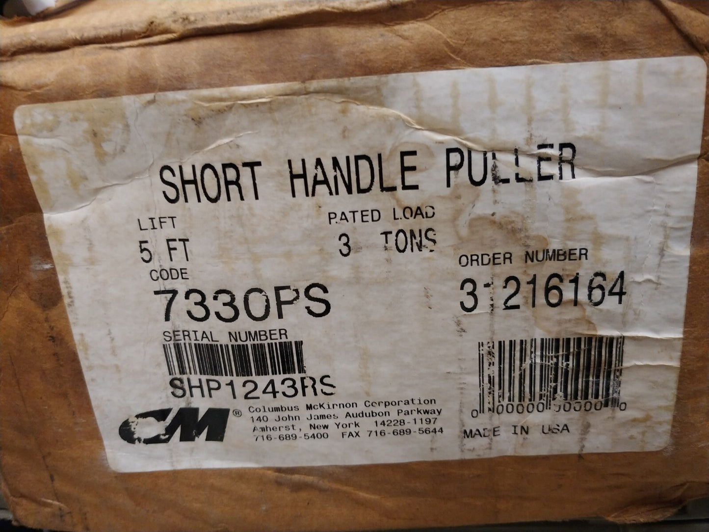NEW CM 3 ton Short Handle Puller Hoist 5 ft Lift Chain 7330PS Made In USA