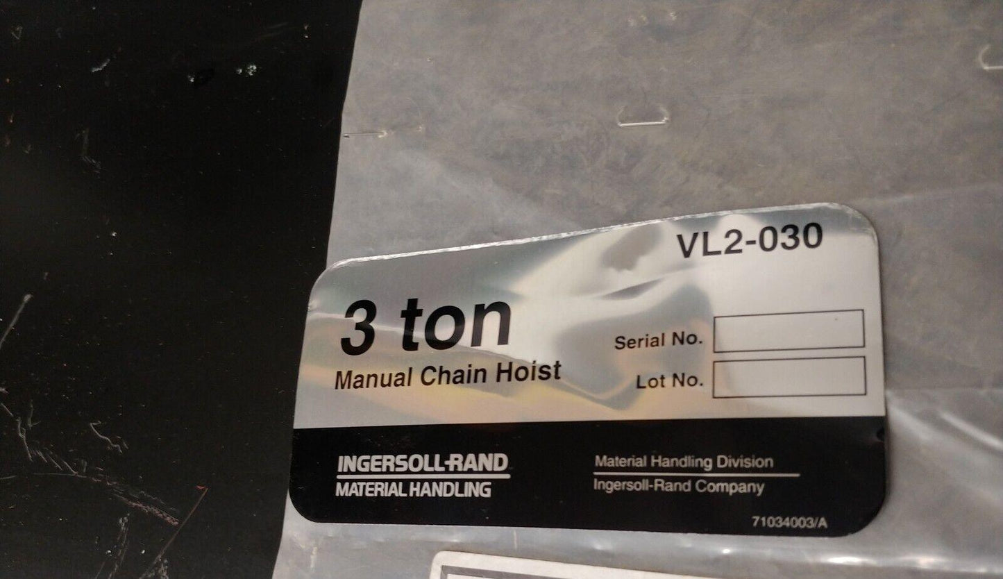 Ingersoll Rand 3 Ton Chain Hoist Model / Capacity Replacement Label VL2 Blank