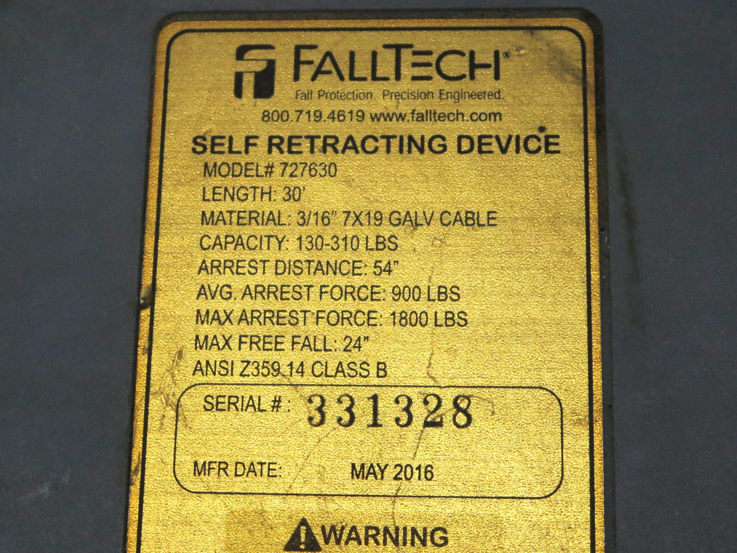 FallTech Contractor 30' Cable Self-Retracting Lifeline SRL 727630 w/ Carabiner