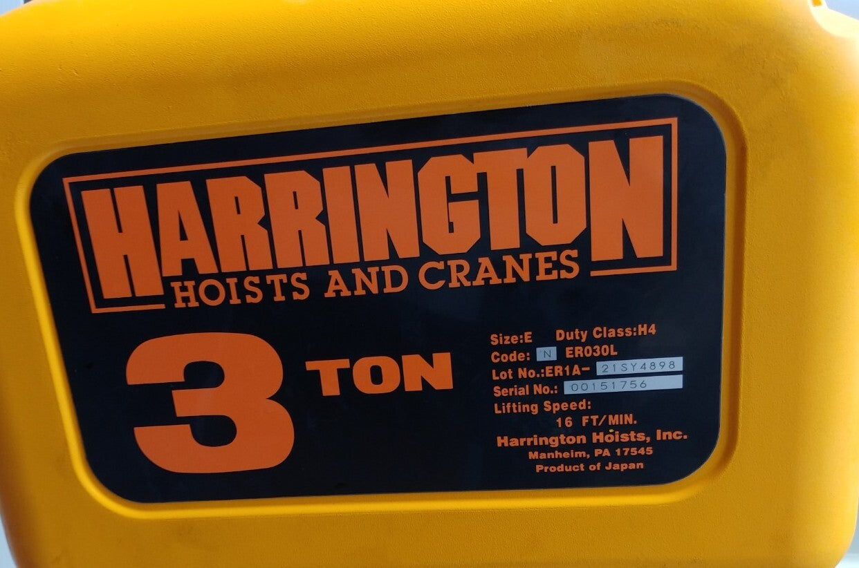 Harrington NERG030L-150 3 Ton Electric Hoist 150 FT Lift Trolley & C-Bucket 460v