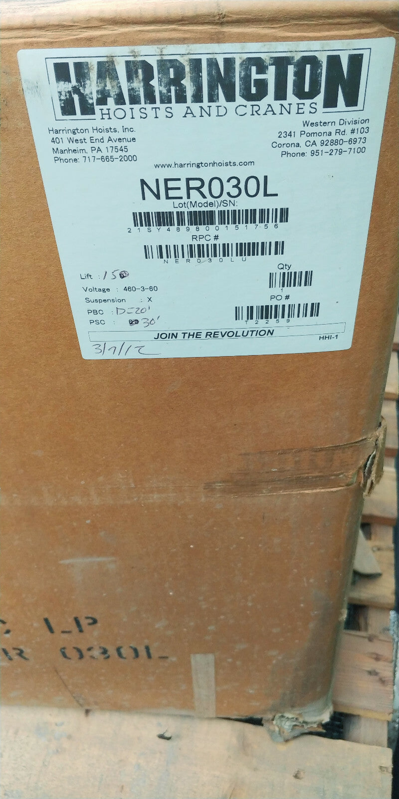 Harrington NERG030L-150 3 Ton Electric Hoist 150 FT Lift Trolley & C-Bucket 460v