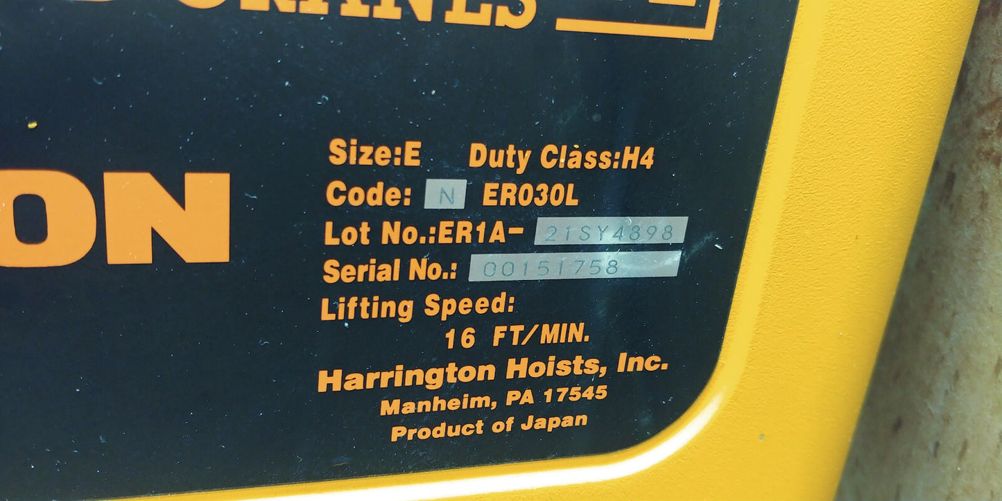 Harrington NERG030L-150 3 Ton Electric Hoist 150 FT Lift Trolley & C-Bucket 460v