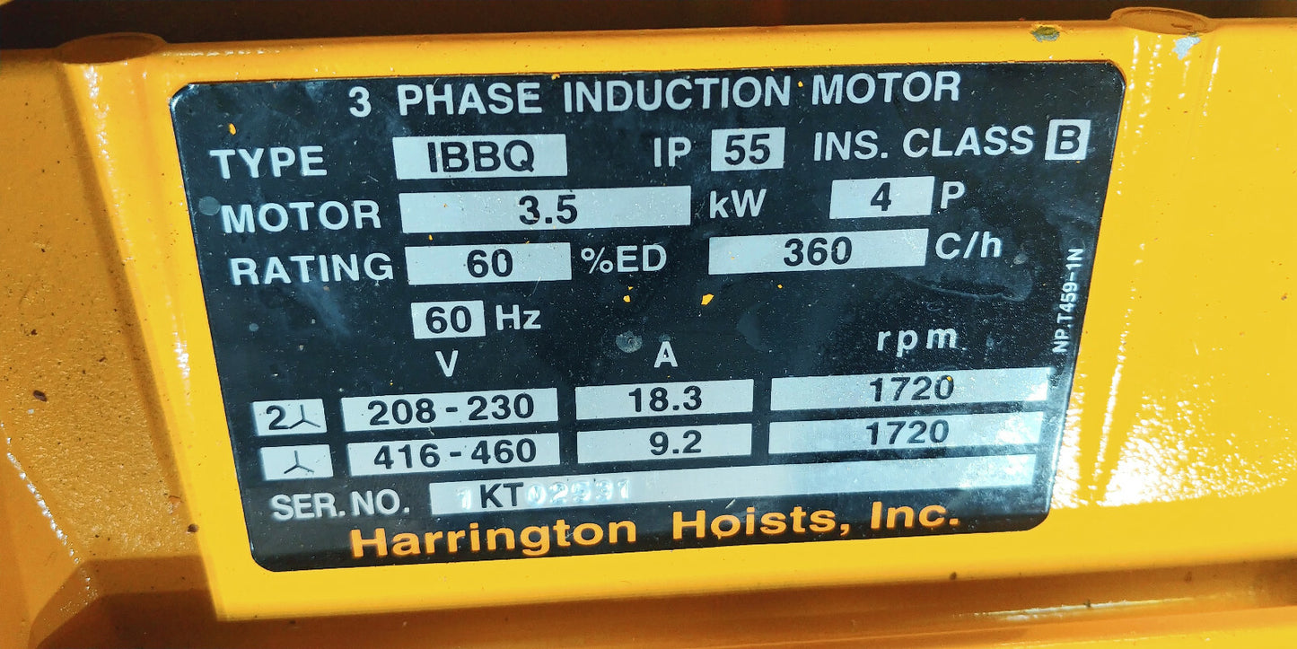 Harrington NERG030L-150 3 Ton Electric Hoist 150 FT Lift Trolley & C-Bucket 460v