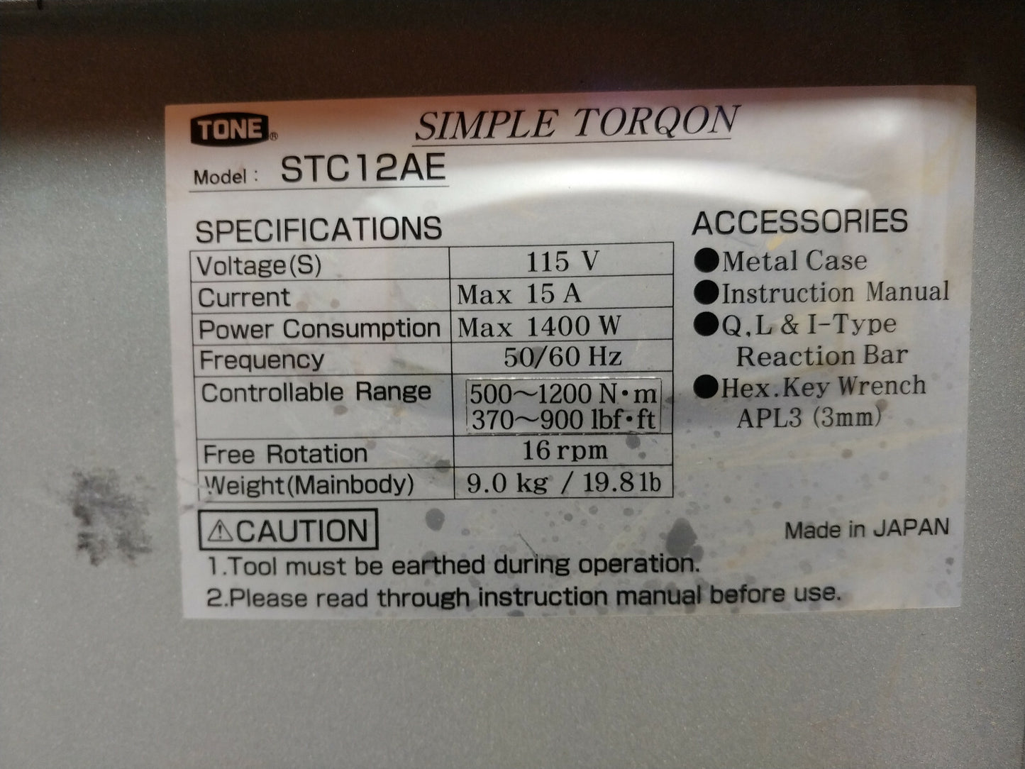 TONE STC12AE Torque Control Wrench 370 - 900 FT LBS Torque Tested MFG 2016