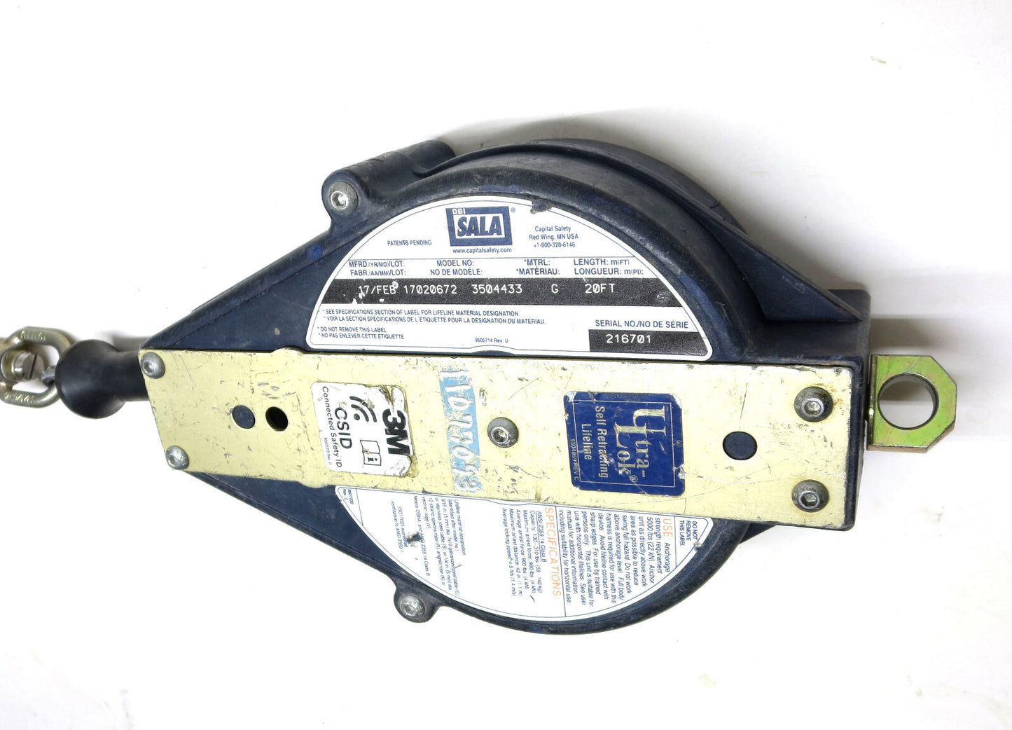 DBI Sala Ultra-Lok 20' SRL 3504433 Self Retracting Lifeline Mfg. 17/FEB