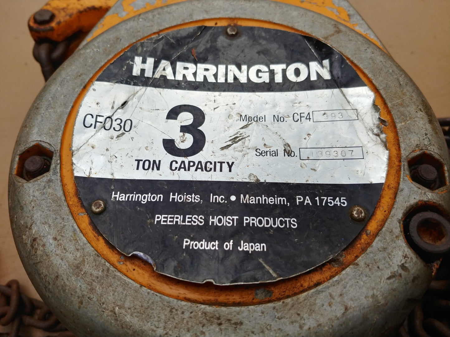Harrington 3 Ton Chain Hoist 20 Ft Lift CF030-20 S/N F139307
