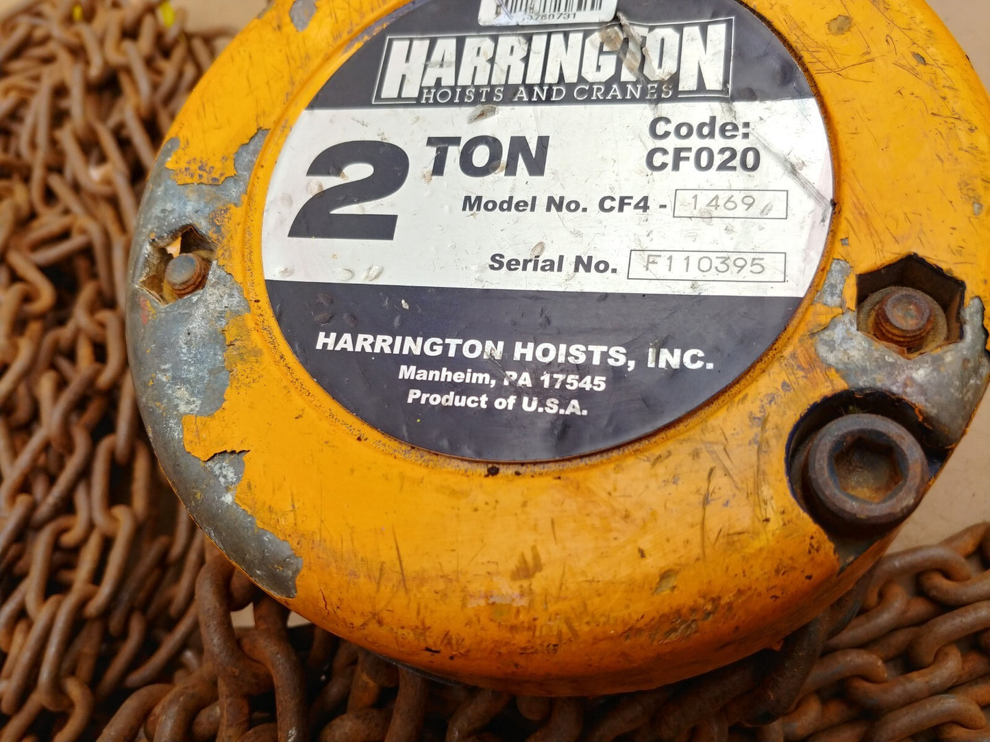 Harrington 2 Ton Chain Hoist 20 Ft Lift CF020-20 S/N F110395