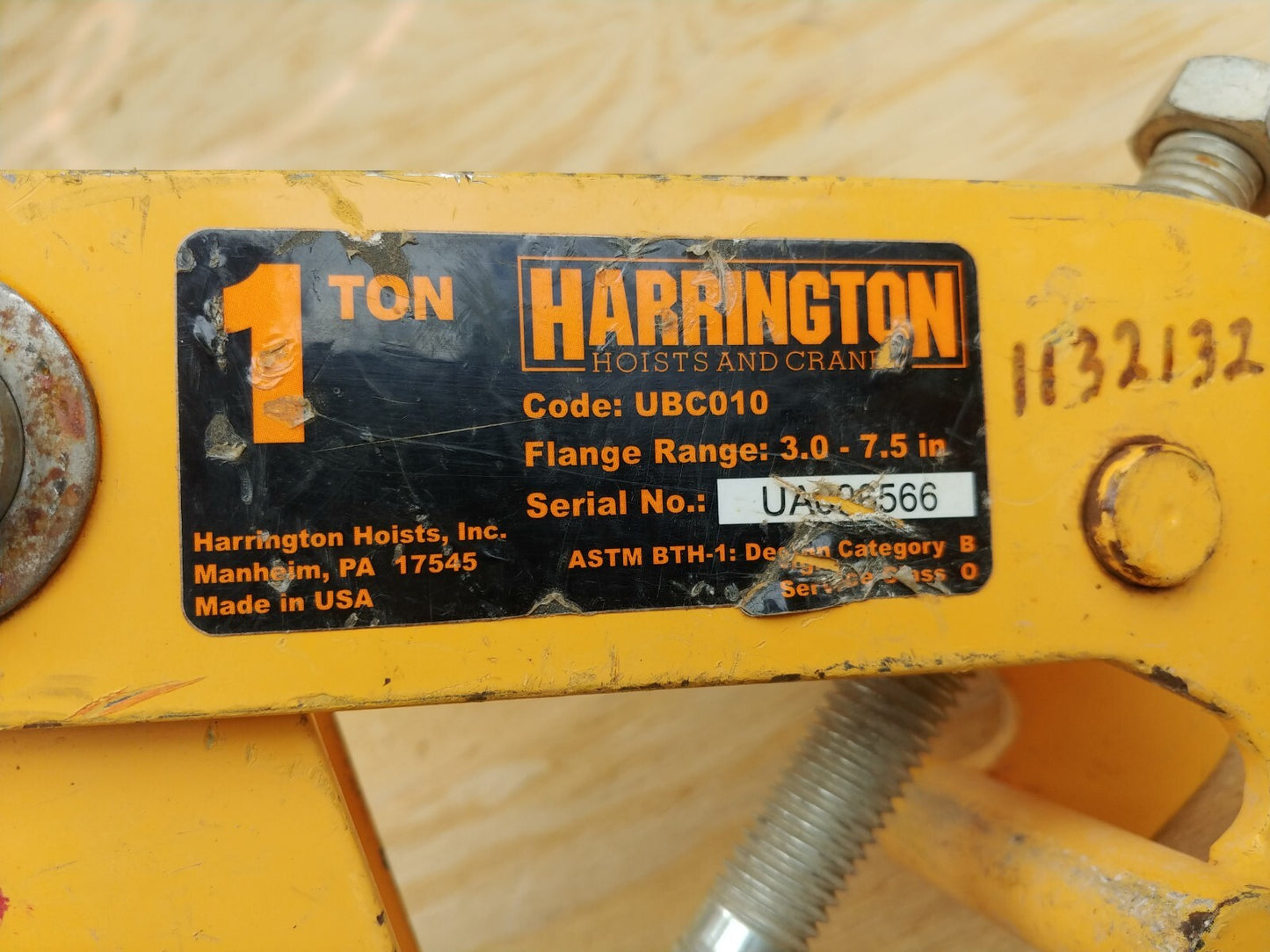 Harrington UBC010 Beam Clamp 1 ton Universal 3.0 in. to 7.5 in. Made in USA