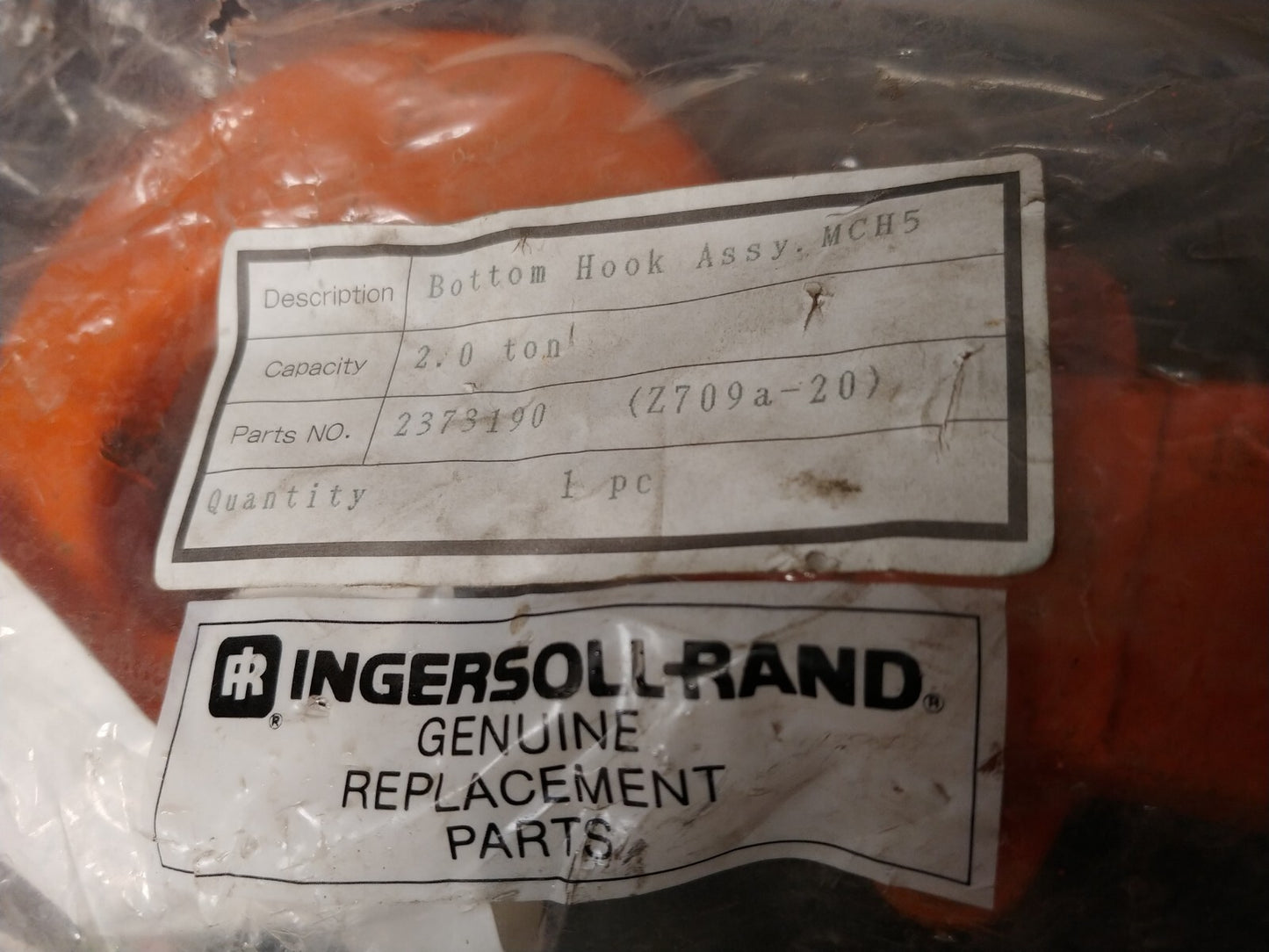 Ingersoll Rand 2 Ton Chain Hoist Bottom Hook P/N 2373190 IR MCH5 w/ Chain Bolt