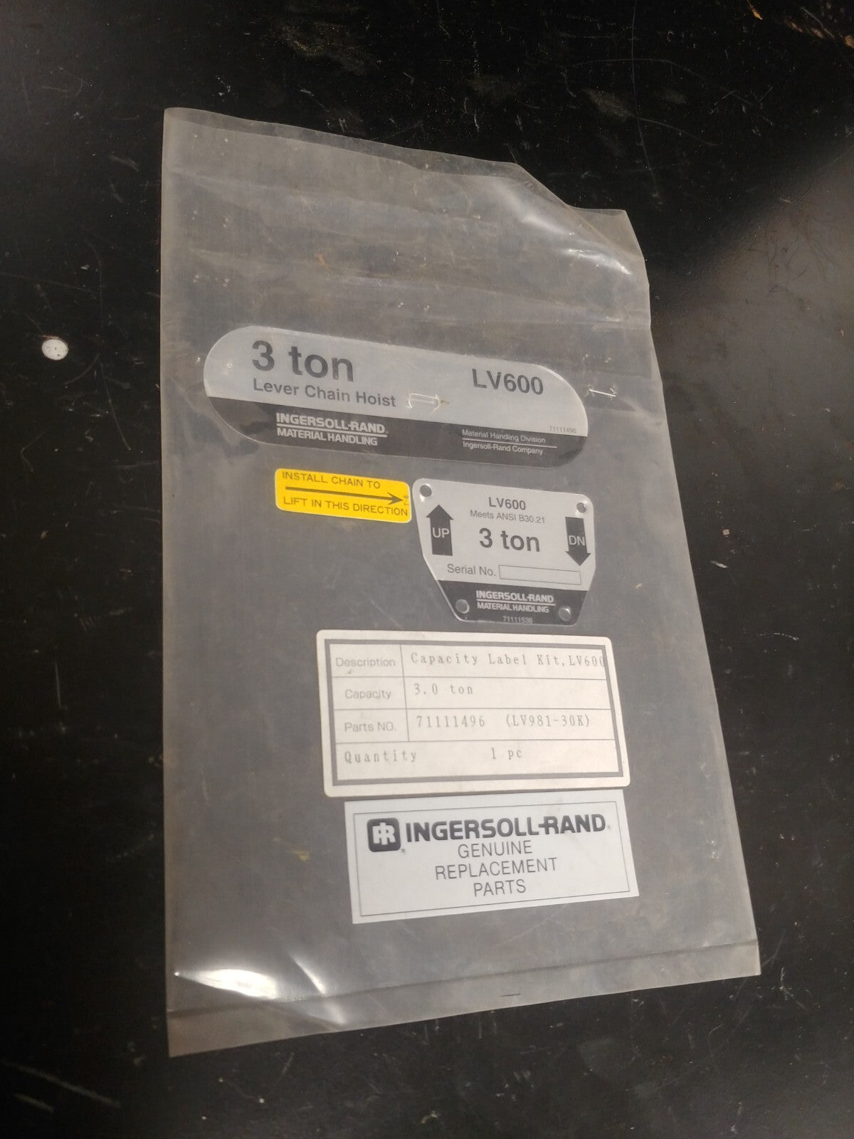 Ingersoll Rand 71111496 Capacity Label 71111538 Nameplate LV Lever Hoists 3 ton