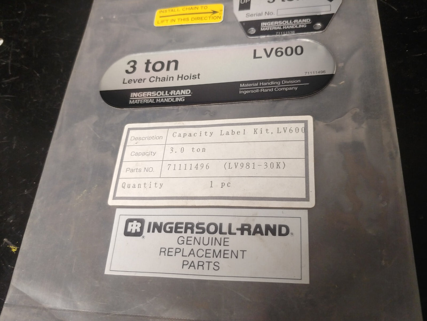 Ingersoll Rand 71111496 Capacity Label 71111538 Nameplate LV Lever Hoists 3 ton