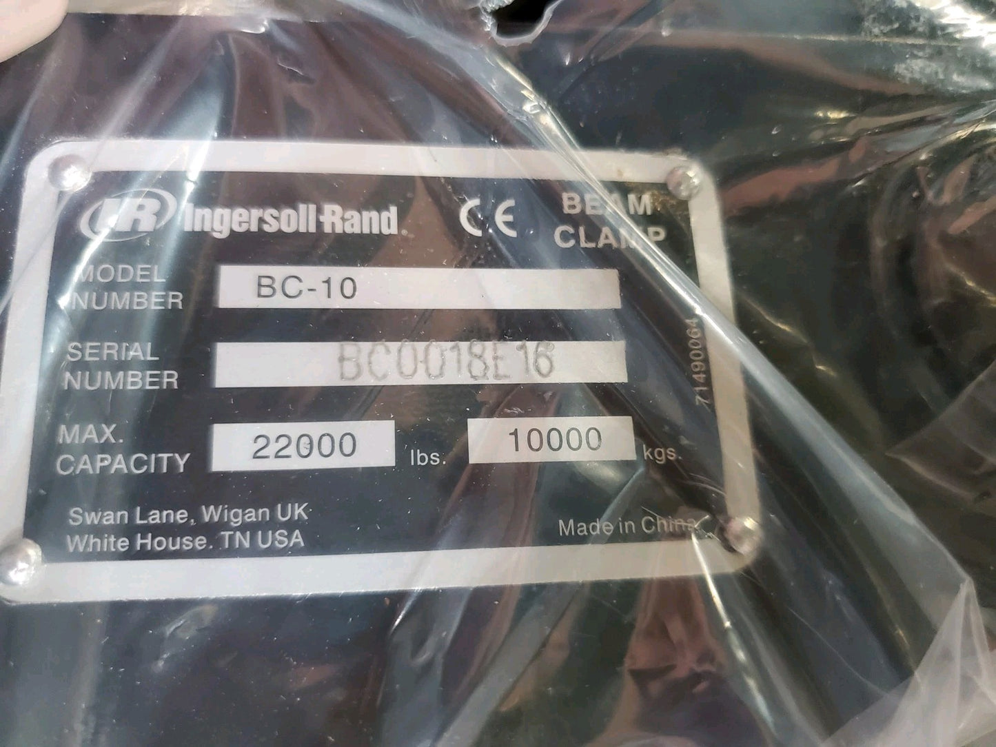 Ingersoll Rand 10 t Beam Clamp Flange Width 3.54 - 14.37" 22,000 LBS WLL BC-10