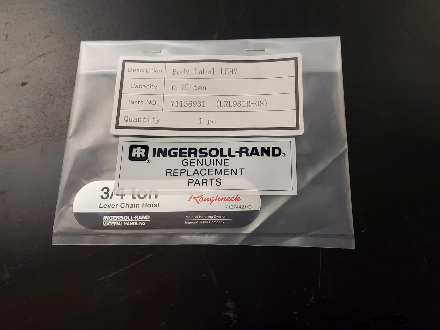 Ingersoll Rand 3/4 ton L5H150 711136931 Body Label (LRL981R-08) Roughneck