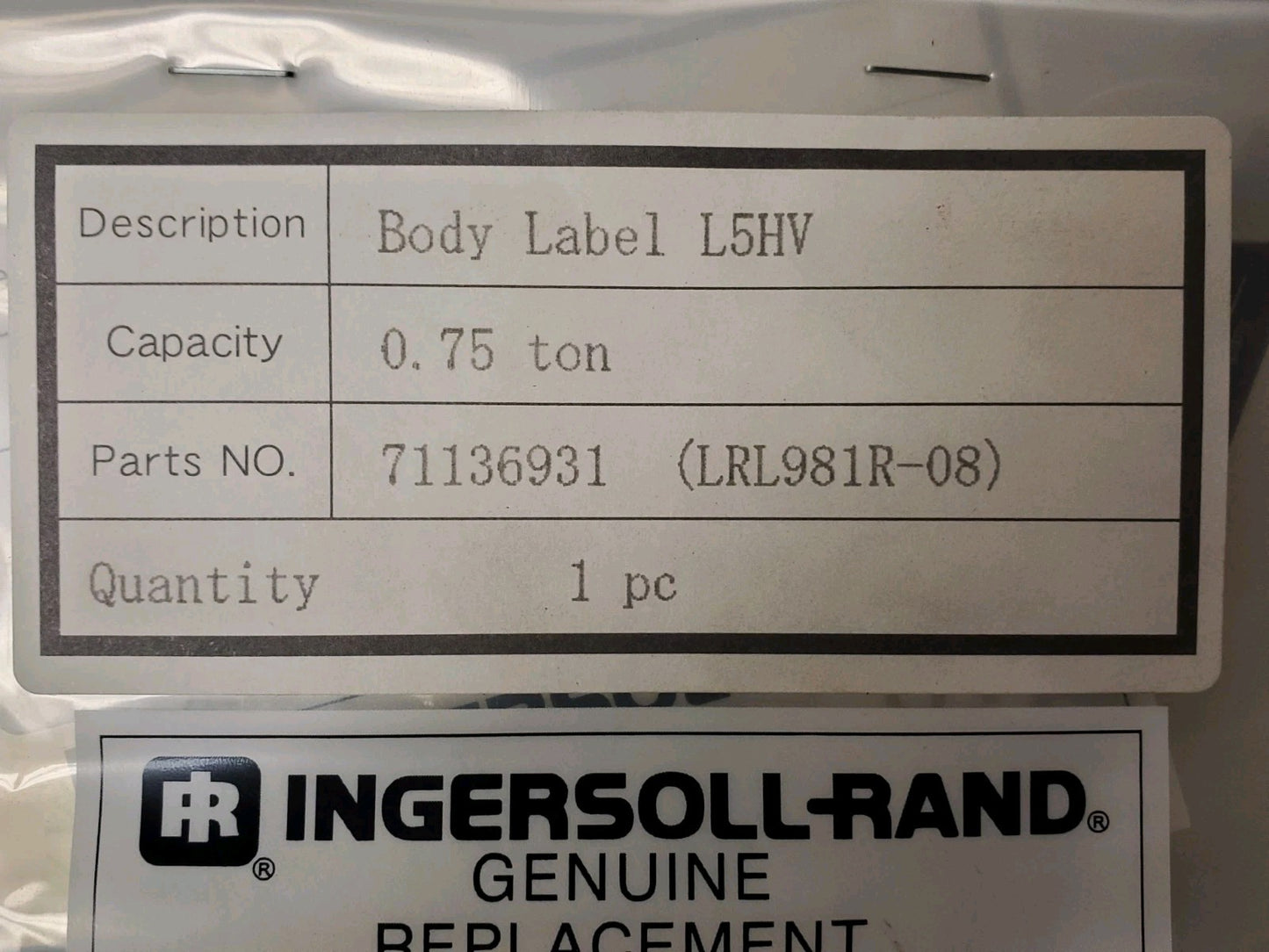 Ingersoll Rand 3/4 ton L5H150 711136931 Body Label (LRL981R-08) Roughneck