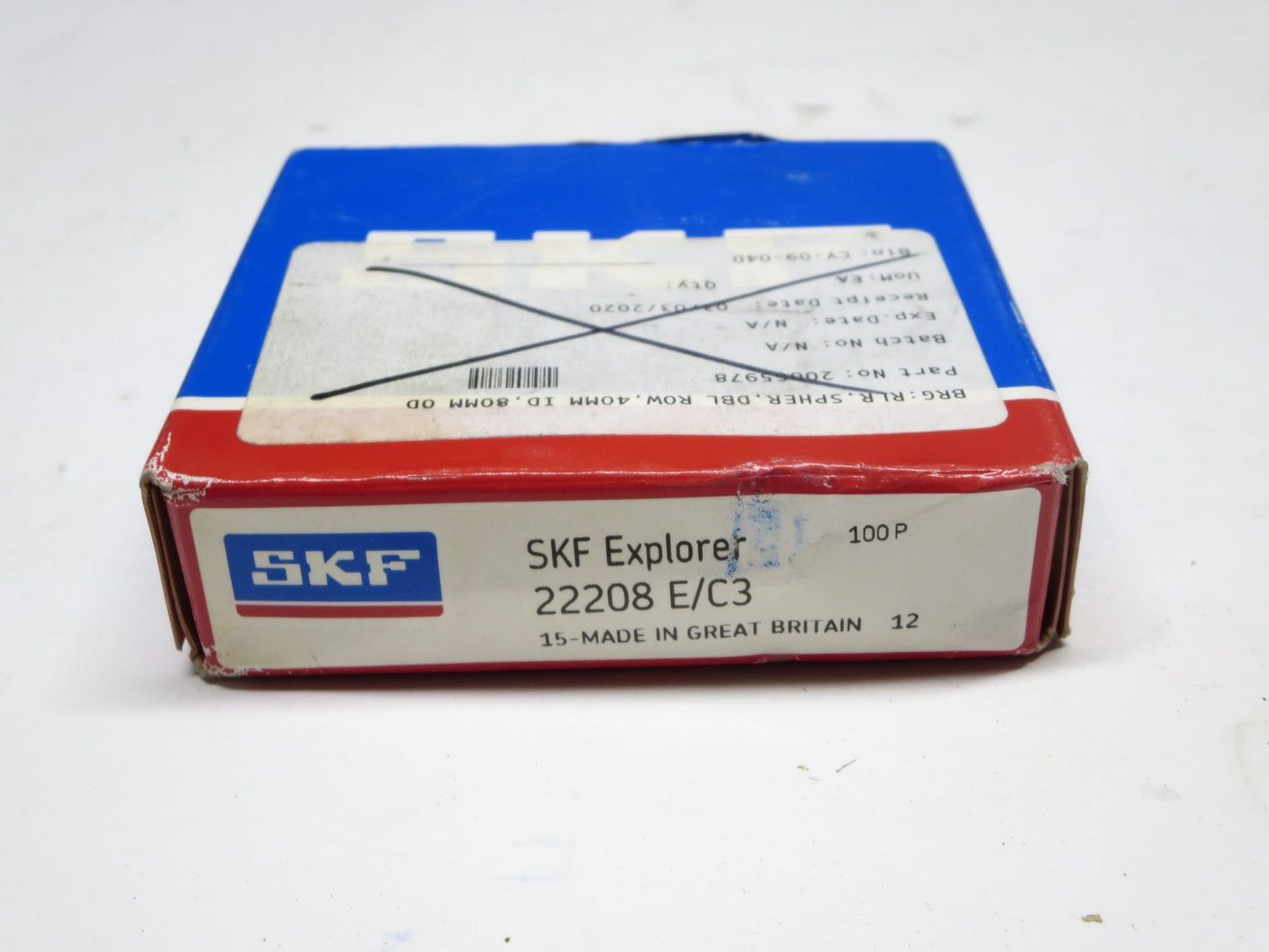 SKF Explorer 22208 E C3 Spherical Roller Bearing Sealed w/ Source Label G.B.