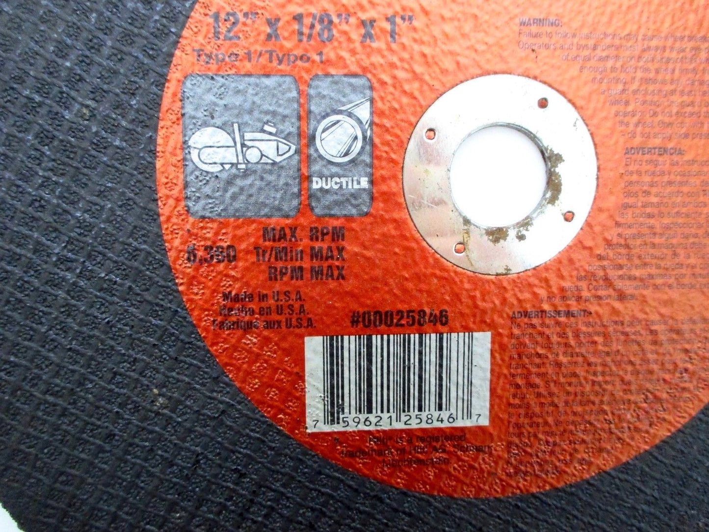 Hilti 12" Ductile Pipe Abrasive Blade Disc AB-A2H 12" x 1/8" x 1"  25846 USA