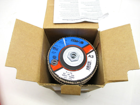 BOX OF 10 CGW 39602 5" x 7/8 Aluminum Oxide 40 Grit A3 Type 29 Flap Discs USA