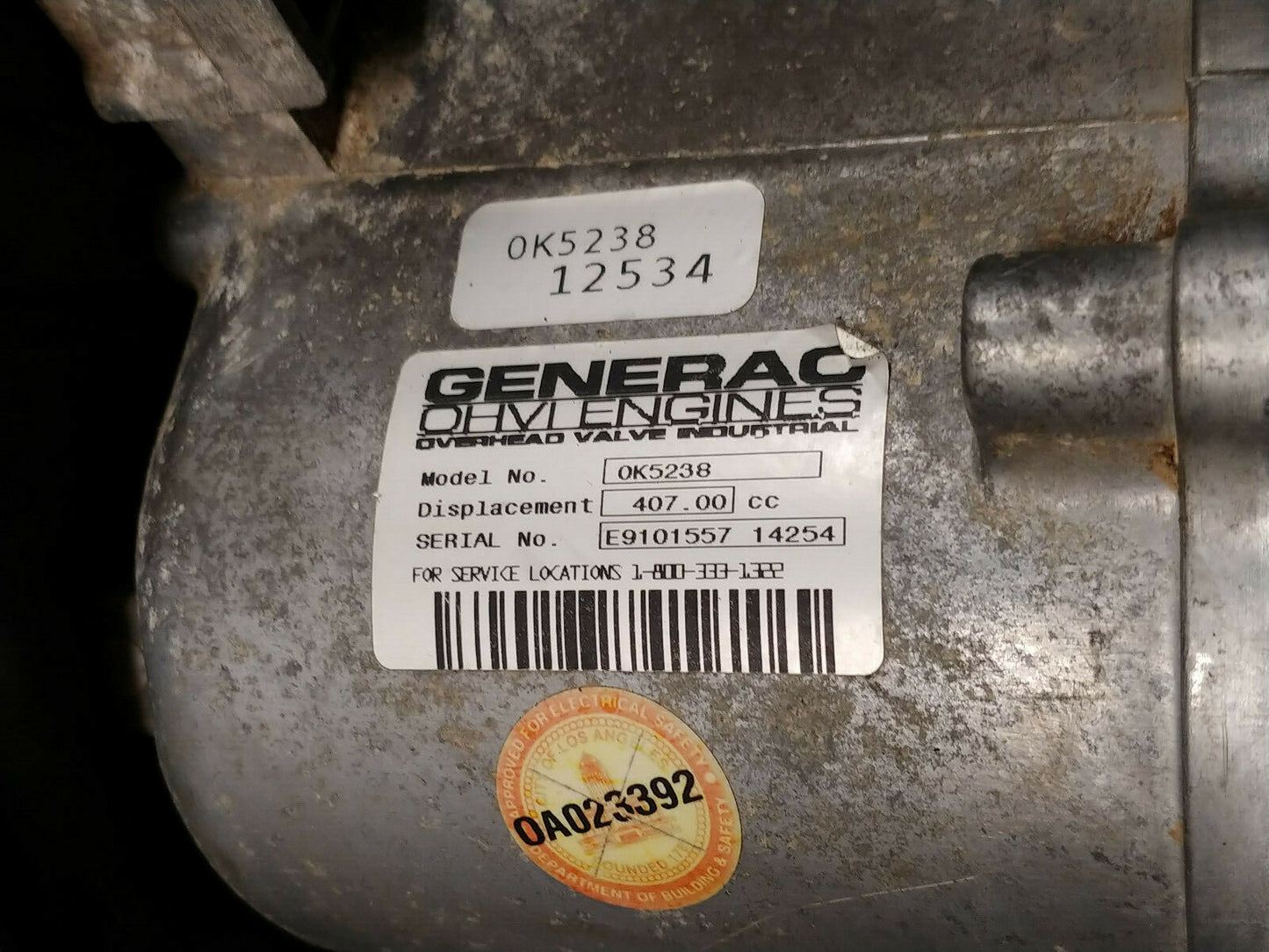 Generac 0K5238 OHVI Engine 407 CC from XP6500E Generator (2015)