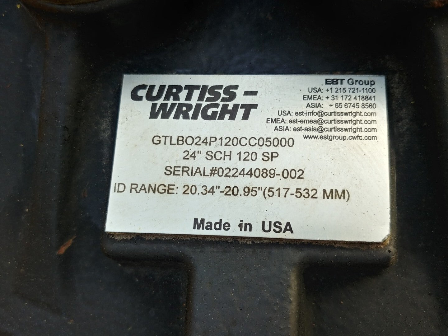 Curtiss-Wright GripTight Elbow GTBLO24P120 Pipe Test Plug 24 in. SCH 120 SP USA