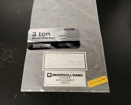 Ingersoll Rand 3 Ton Chain Hoist Model / Capacity Replacement Label VL2 Blank