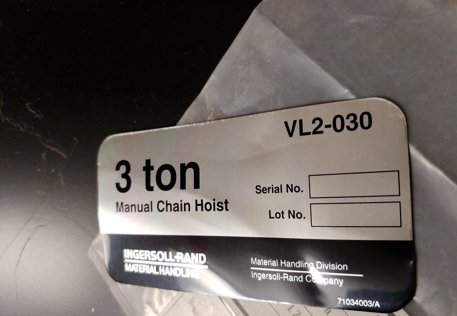 Ingersoll Rand 3 Ton Chain Hoist Model / Capacity Replacement Label VL2 Blank