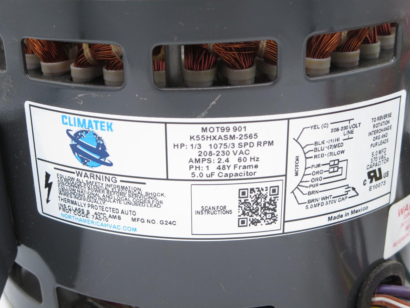 ClimaTek Furnace Blower Motor 1/3 HP 1075 RPM 208/230V MOT99 901 (Shaft Grind)