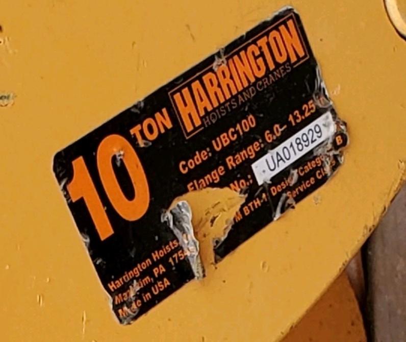 1 EA. HARRINGTON 10 TON BEAM CLAMP UBC100 22,000 LBS WLL 6" - 13.5" USA