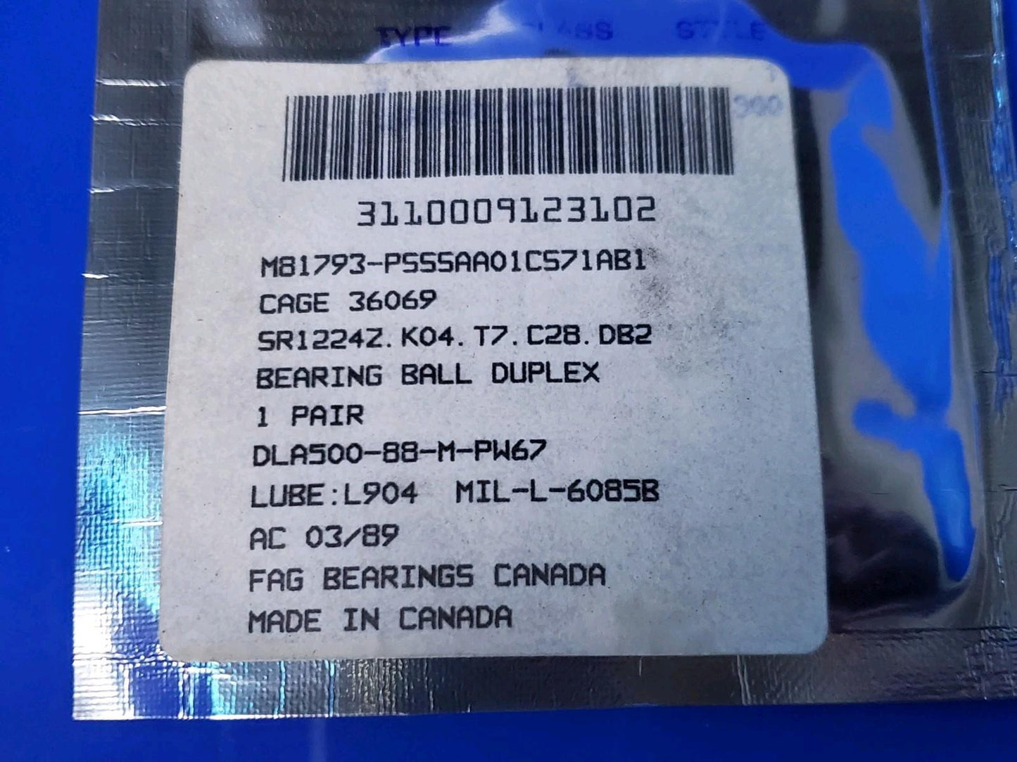 FAG Aerospace Duplex Bearing MB1793-PSS5AA01CS71AB1 SR1224Z K04 T7 C28 DB2