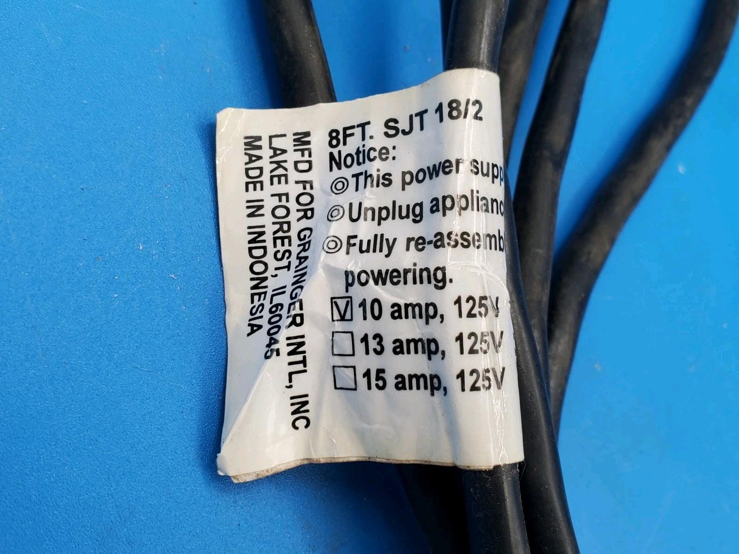 GRAINGER 18/2 Replacement Power Cord 10 Amp 1FD84 8 FT SJT