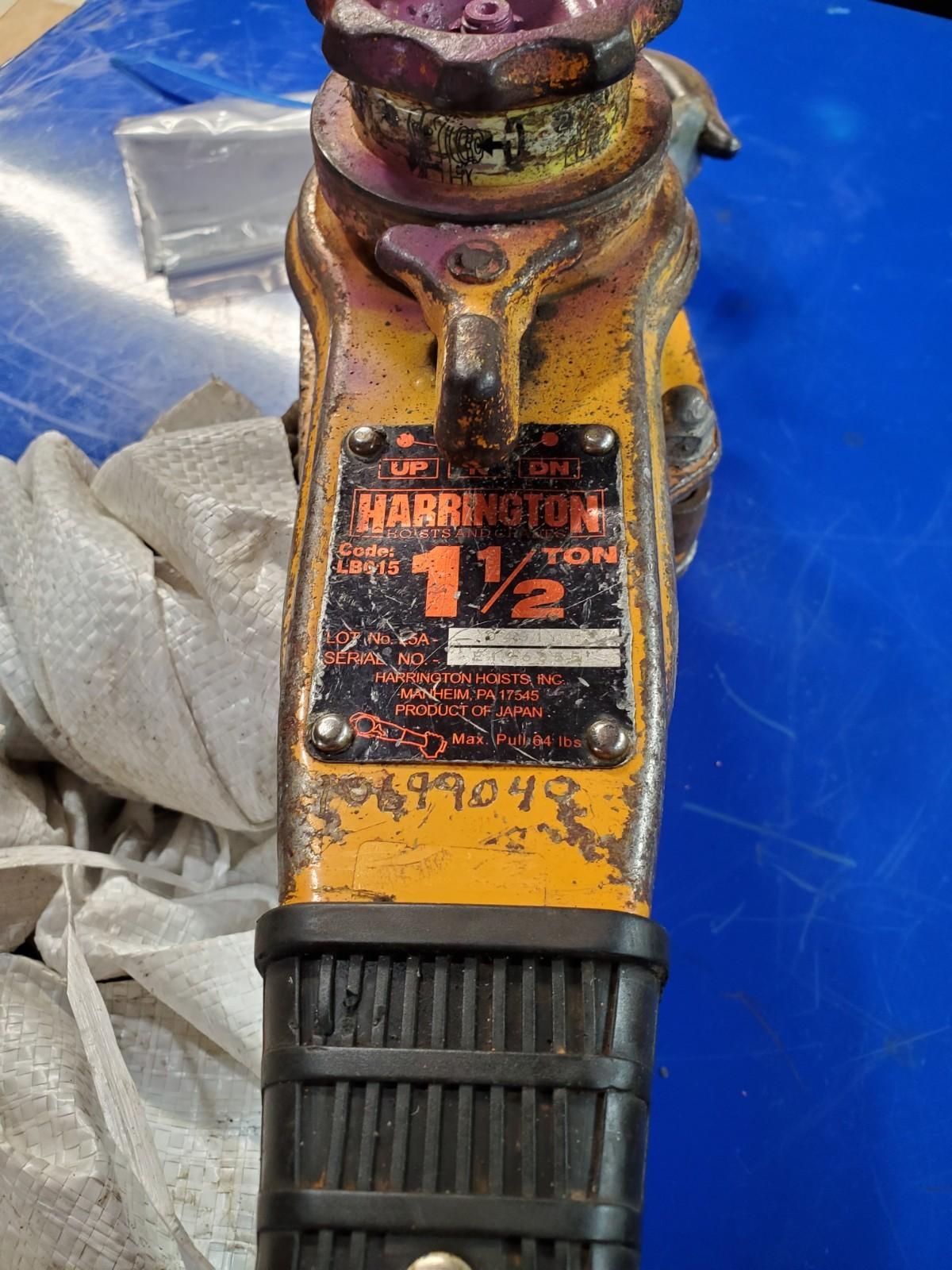 1 ea. Harrington LB015-10 Lever Hoist 3,000 lb Capacity 10 Ft Lift W/ Load Cert.
