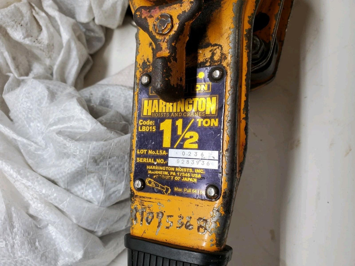 1 ea. Harrington LB015-15 Lever Hoist 3,000 lb Capacity 15 Ft Lift W/ Load Cert