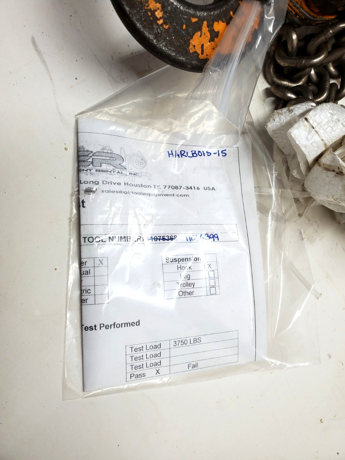 1 ea. Harrington LB015-15 Lever Hoist 3,000 lb Capacity 15 Ft Lift W/ Load Cert