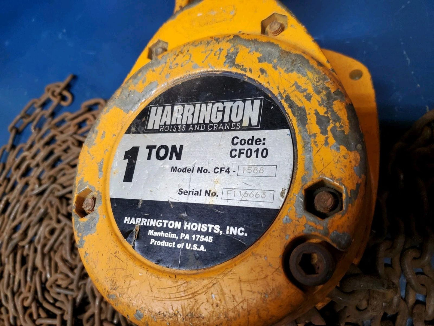 Harrington 1 Ton Chain Hoist 20' Lift & 20' Pull Chain CF010-20 S/N F116663