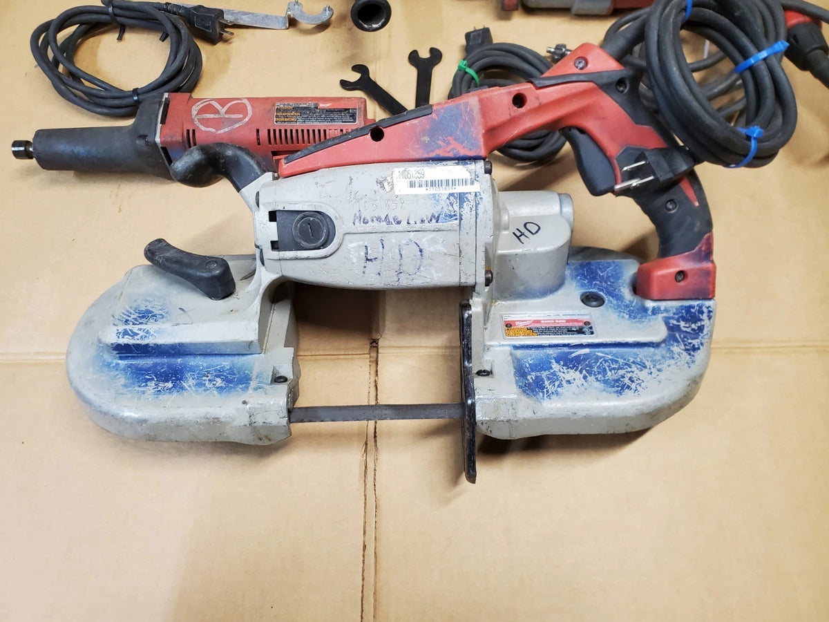 4 PC Milwaukee Shop Tool Set, Bandsaw, Die Grinder, Angle Grinder, Hammer Drill