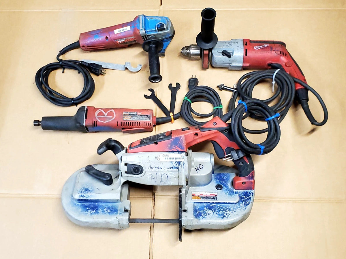 4 PC Milwaukee Shop Tool Set, Bandsaw, Die Grinder, Angle Grinder, Hammer Drill