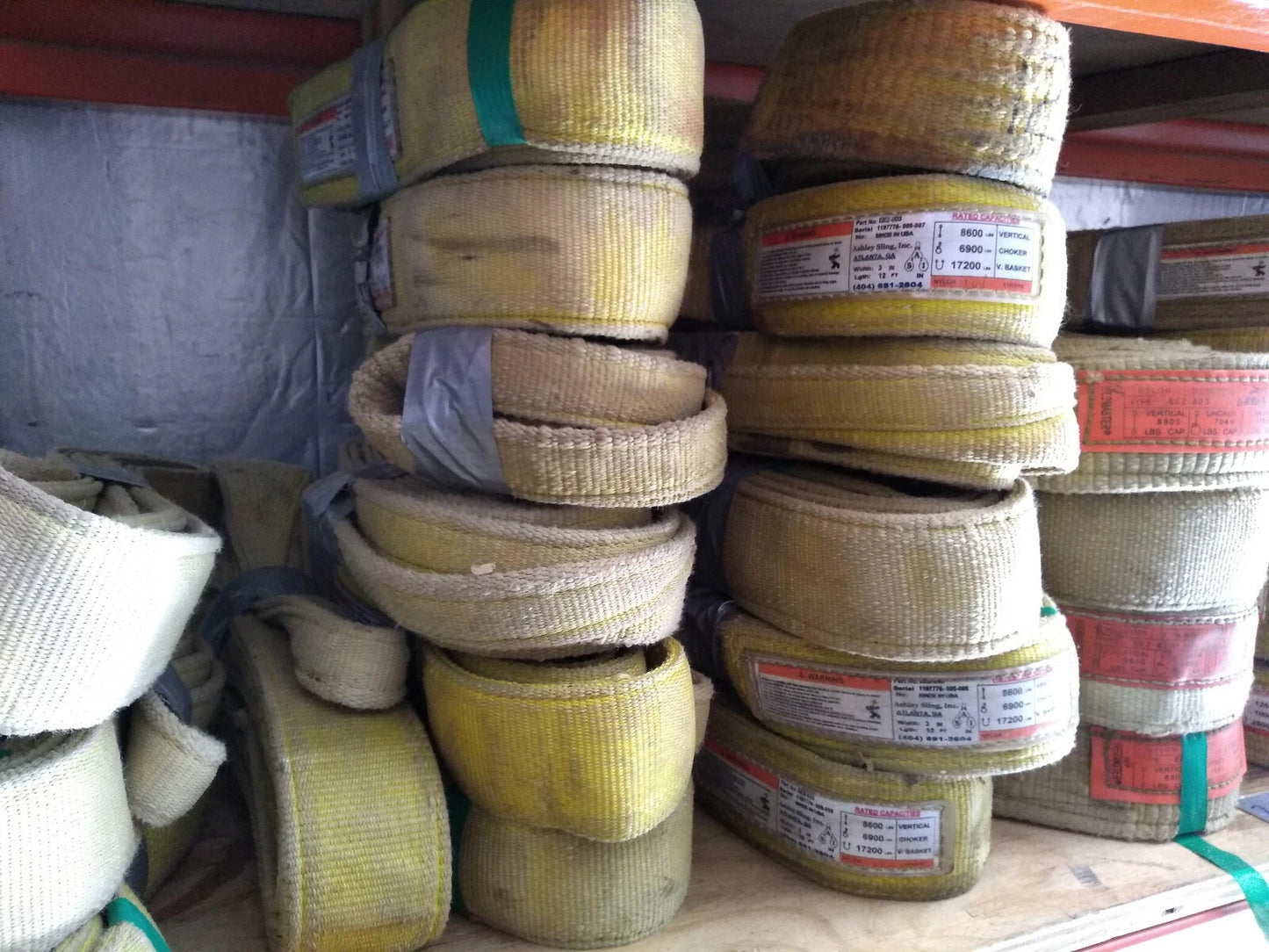 Large Lot of 87 ea Domestic Nylon Slings Ashley, Liftall, 2,3,4 ply &amp; 2,3,4 in.