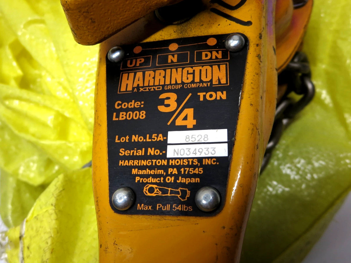 1 EA. Harrington LB008-10 3/4 ton Lever Chain Hoist 10 Ft Lift W/ Load Cert.
