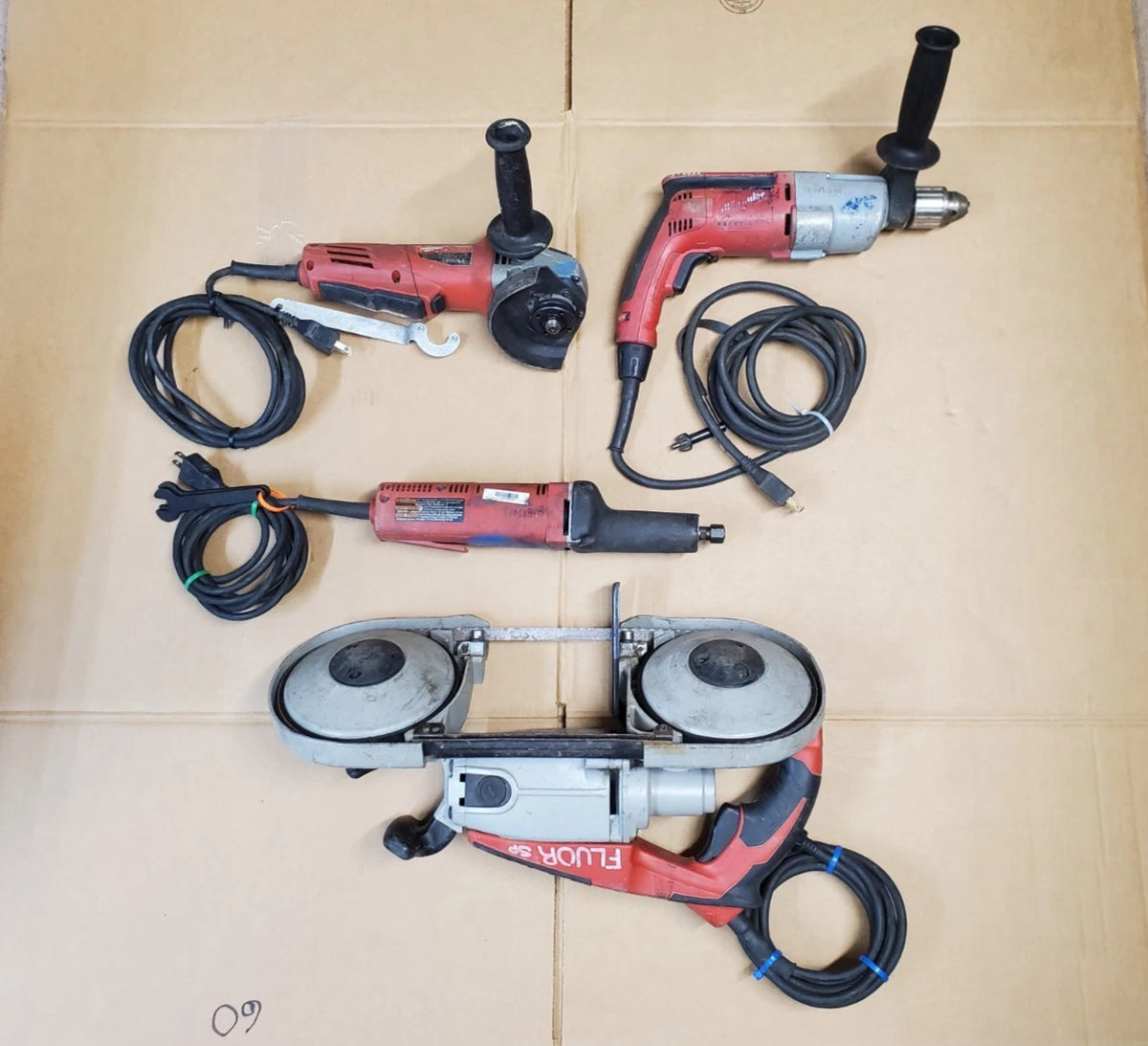 4 PC Milwaukee Shop Tool Set, Bandsaw, Die Grinder, Angle Grinder, Hammer Drill