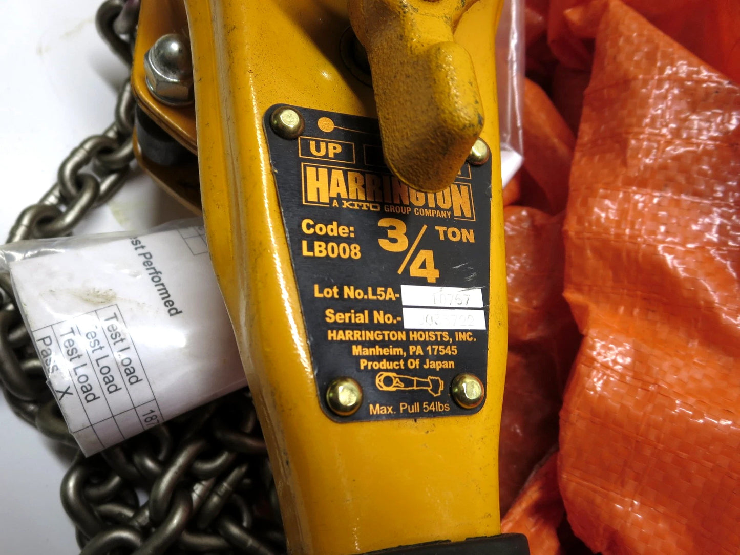 1 EA. Harrington 3/4 Lever Hoist 10 Ft Lift W/ Load Cert. LB008-10 Excellent