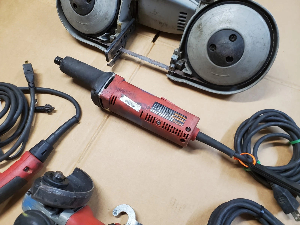 4 PC Milwaukee Shop Tool Set, Bandsaw, Die Grinder, Angle Grinder, Hammer Drill