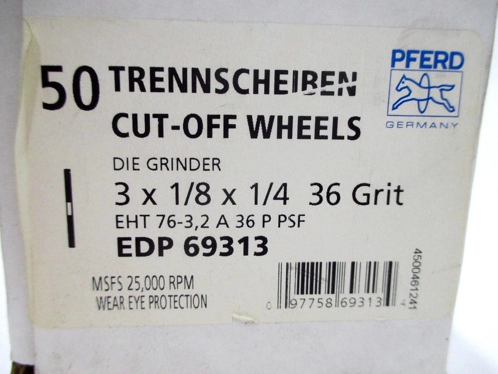 Box of 50 PFERD Germany 69313 Cut-Off Wheels 3 x 1/8 x 1/4 Type 1 Steel 36 Grit